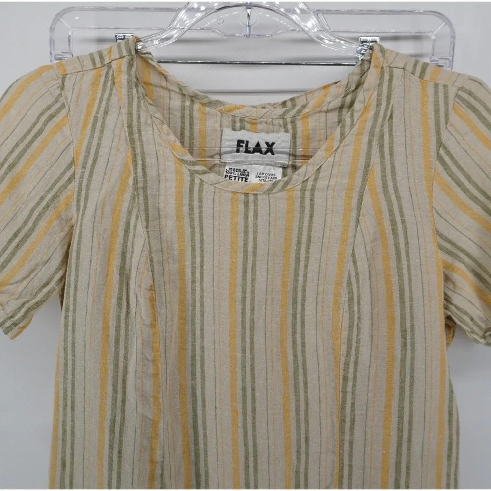Flax Linen 2 Piece Set Yellow Green Striped Top and Midi Skirt Petite